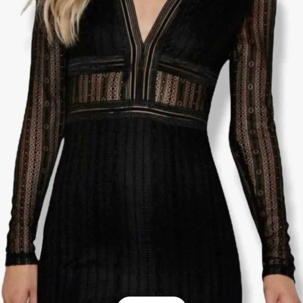 Lucy Wang Sheer Lace Panel Black Long-Sleeve V-Neck Dress